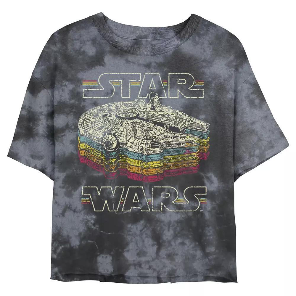 Juniors' Star Wars: Retro Falcon Stacked Logo Wash Graphic Crop Tee, Girl's, Size: Small, Black Grey Product Image
