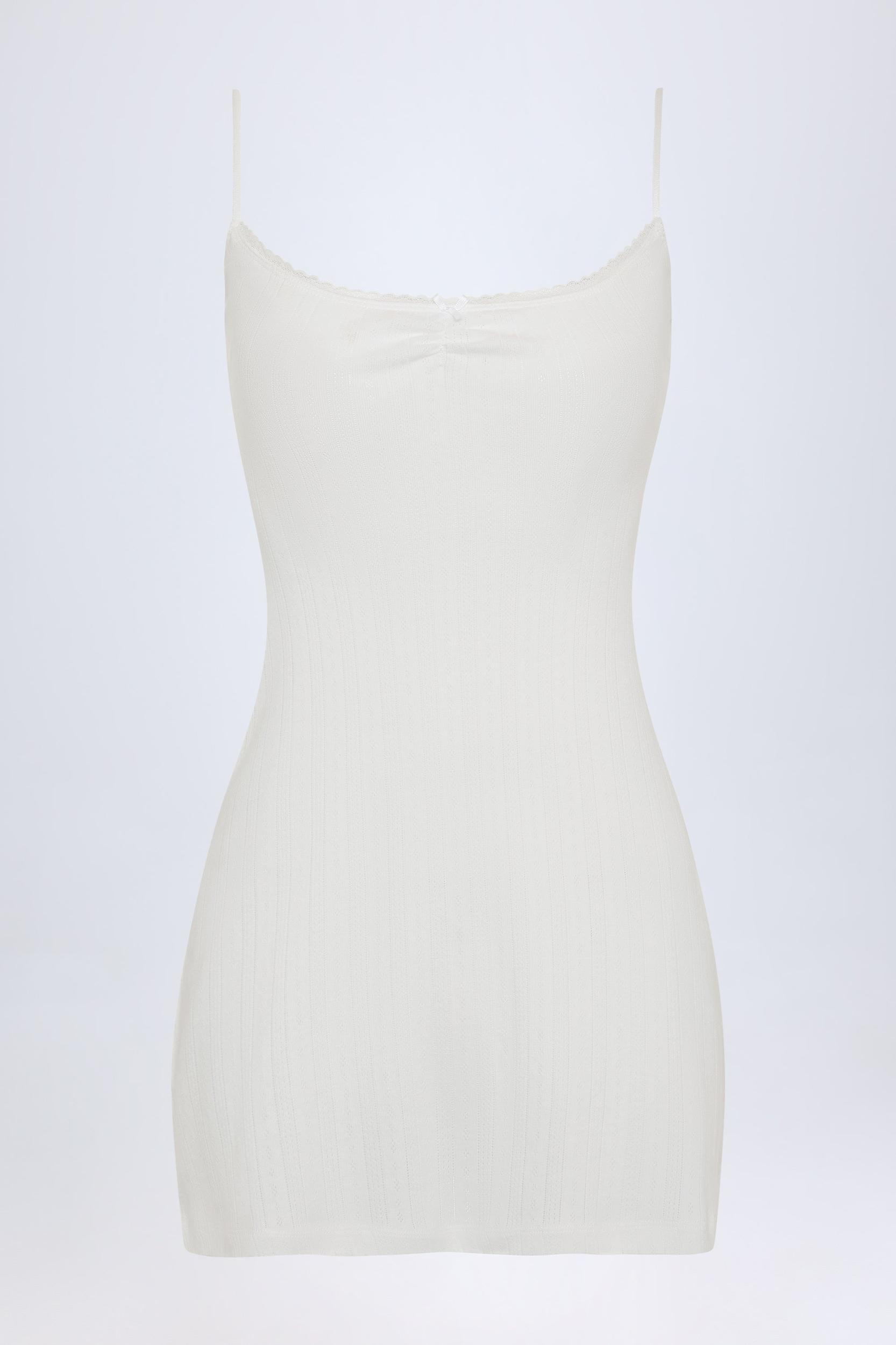 Pointelle Ruched A-Line Mini Dress in White Product Image