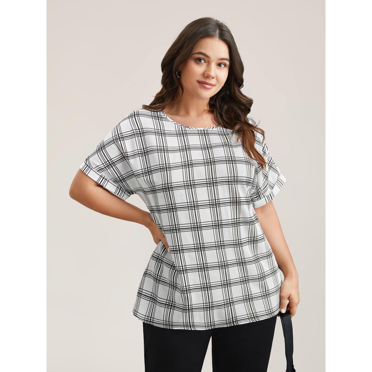 Plus Size WhiteSmoke Plaid Rolled Hem Dolman Sleeve Shirt Women At the Office Short sleeve Round Neck Work Blouses BloomChic 26/4X Product Image