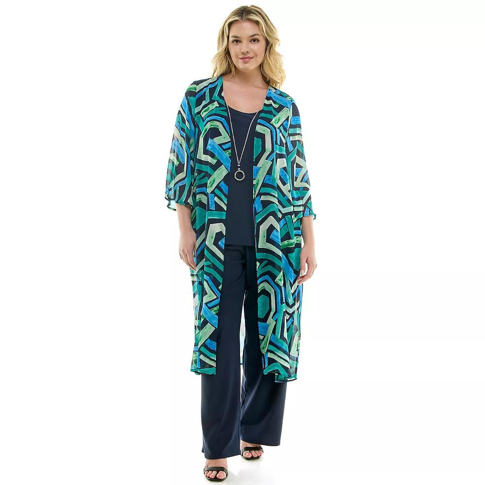 Plus Size Luxology 3-Piece Cardigan, Tank Top & Pant Set, Women's, Size: 3XL, Navy Turqoise Green Product Image