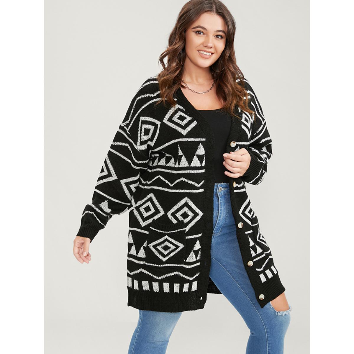 Plus Size Geometric Contrast Pointelle Knit Jacquard Pocket Button Front Cardigan BlackFlower Women Casual Loose Long Sleeve Dailywear Cardigans BloomChic 22-24/3X Product Image