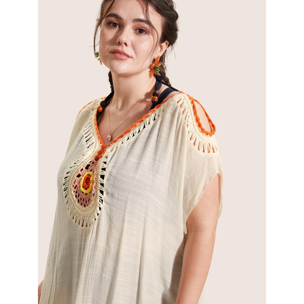 Plus Size Contrast Crochet Cut Out Slit Hem Swim Cover Up Women's Swimwear Ivory Beach Loose Crochet Curve Swim Cover Ups BloomChic 26/4X Product Image