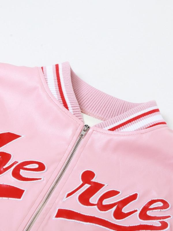 Letter Print Splice Short Leather Varsity Jacket Product Image