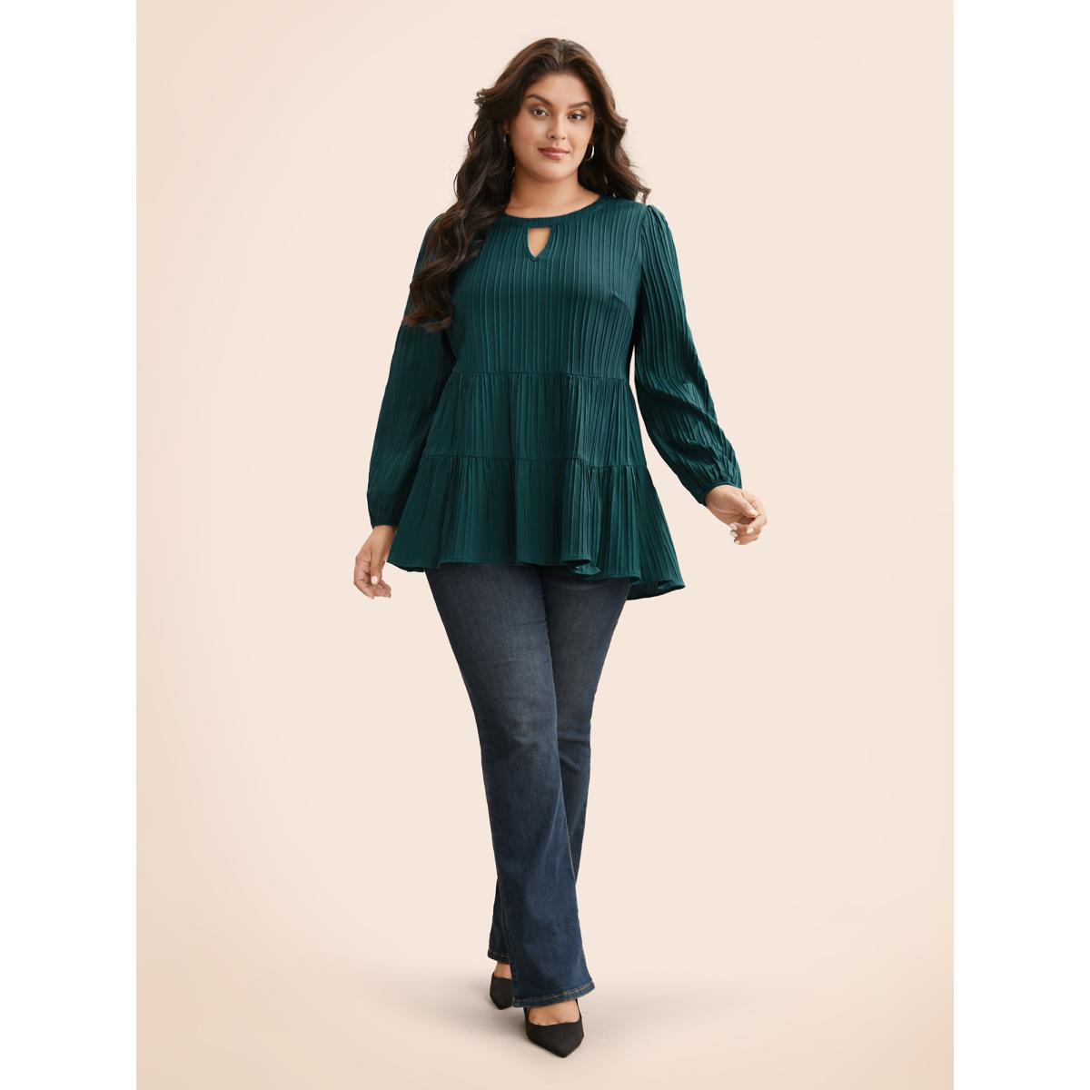 Plus Size Cyan Textured Keyhole Pocket Lantern Sleeve Blouse Women Elegant Long Sleeve Flat collar Everyday Blouses BloomChic 14-16/1X Product Image
