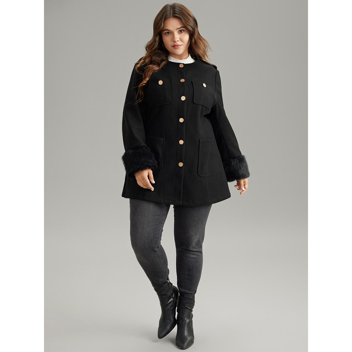 Plus Size Solid Fuzzy Sleeve Pocket Metal Detail Coat Women Black Casual Plain Ladies Dailywear Winter Coats BloomChic 26/4X Product Image