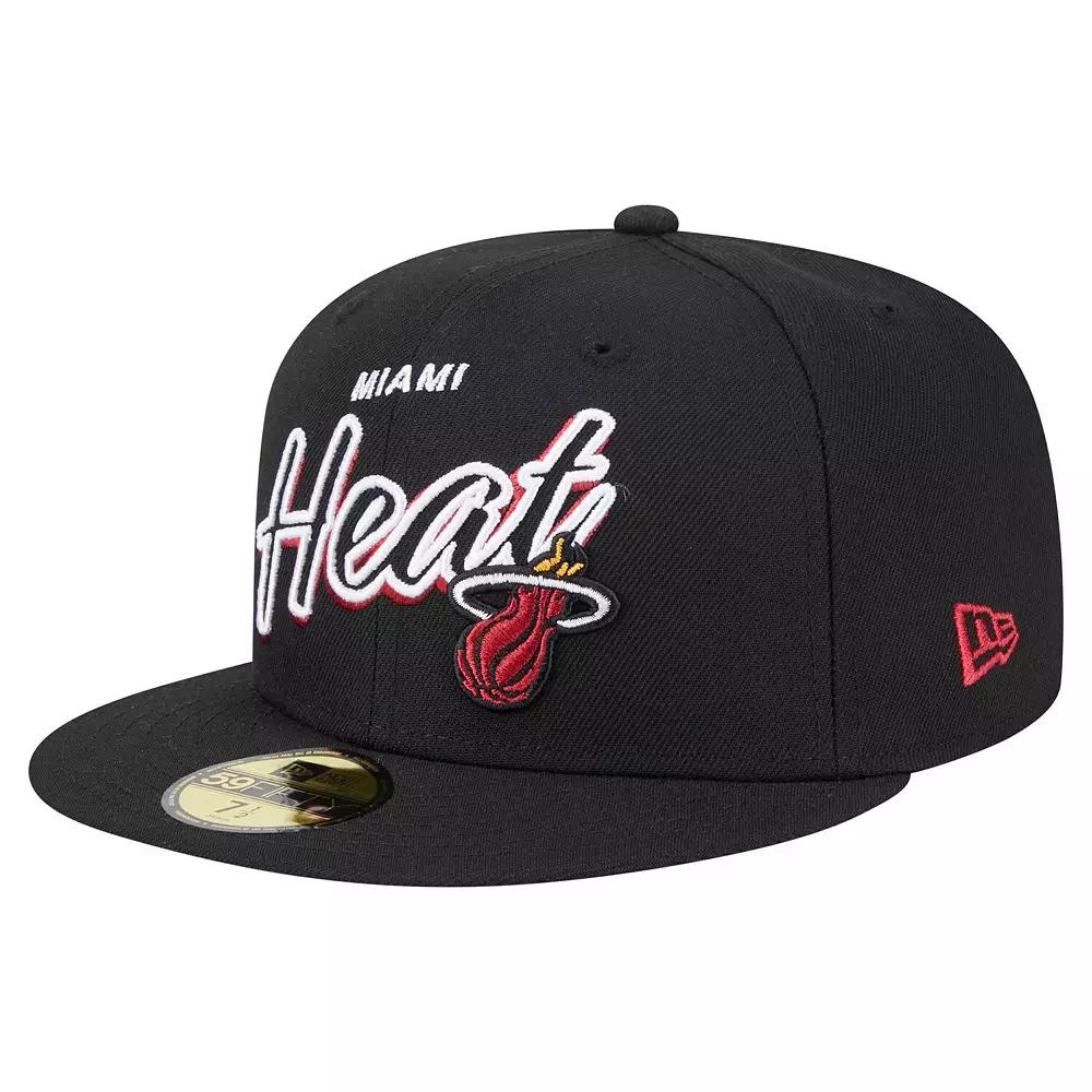 Men's New Era Black Miami Heat Sport Night Script Sided 59FIFTY Fitted Hat,  Product Image