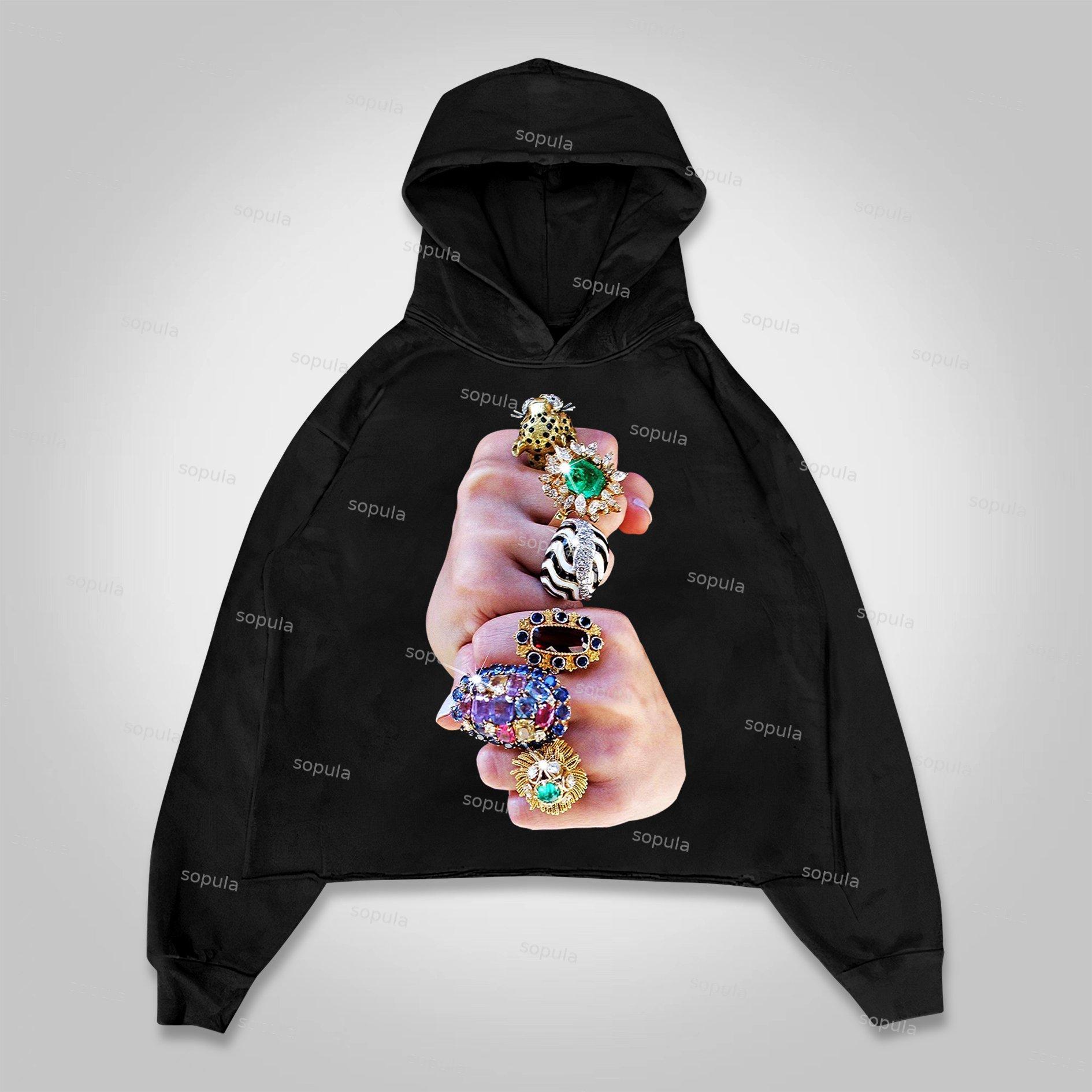 Sopula Finger Graffiti Diamond Ring Print Cropped Hoodie Product Image
