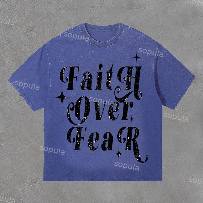 Sopula Faith Over Fear Print Casual Acid Washed T-Shirt Product Image