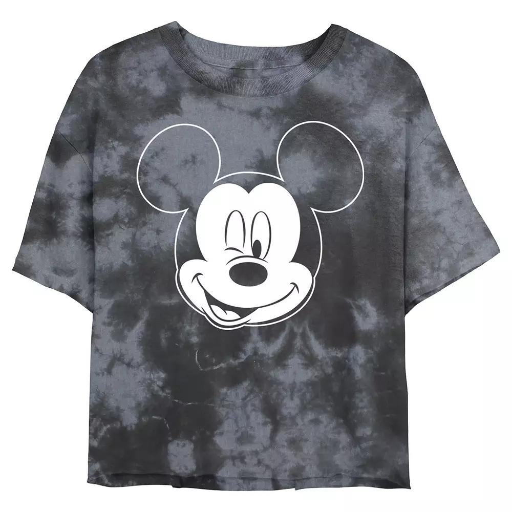 Juniors' Disney Mickey Mouse Large White Outline Winking Face Wash Crop Tee, Girl's, Black Grey Product Image