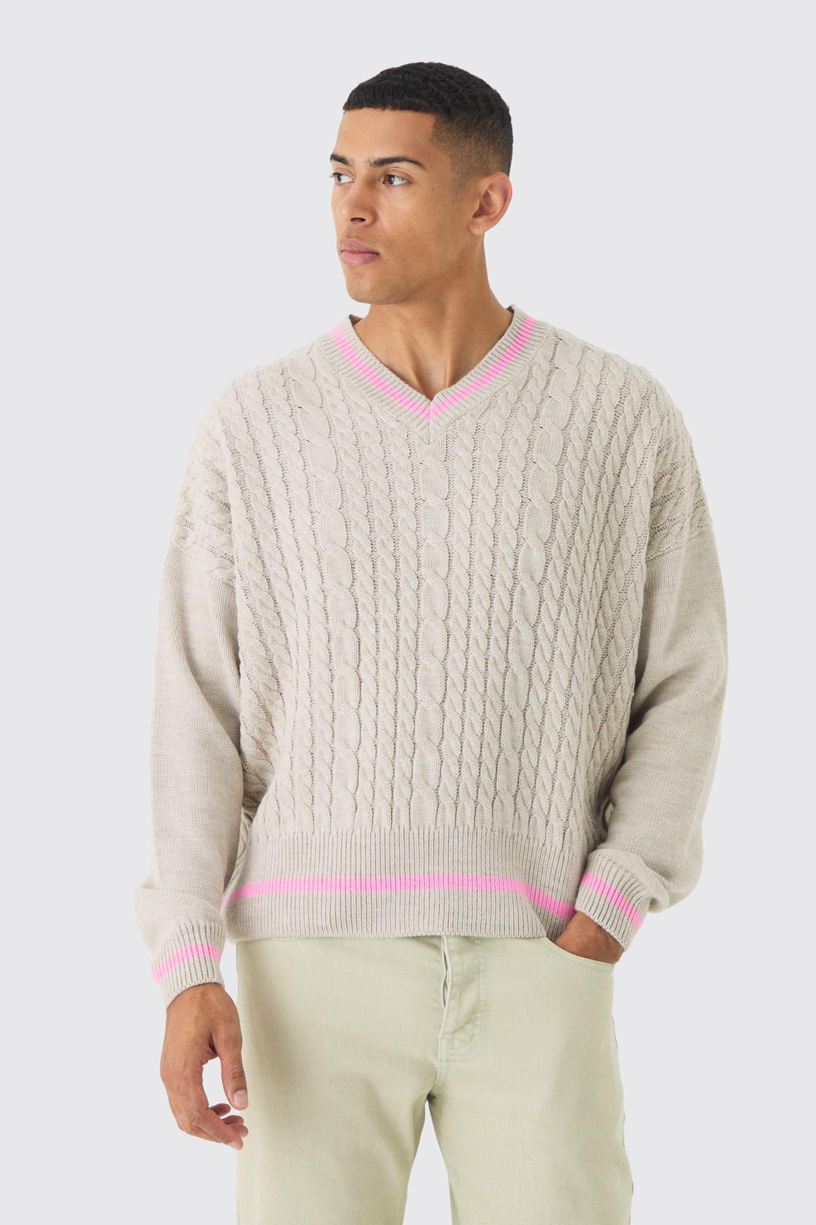 Oversized Boxy Cable Knit V Neck Sweater | boohooMAN USA Product Image