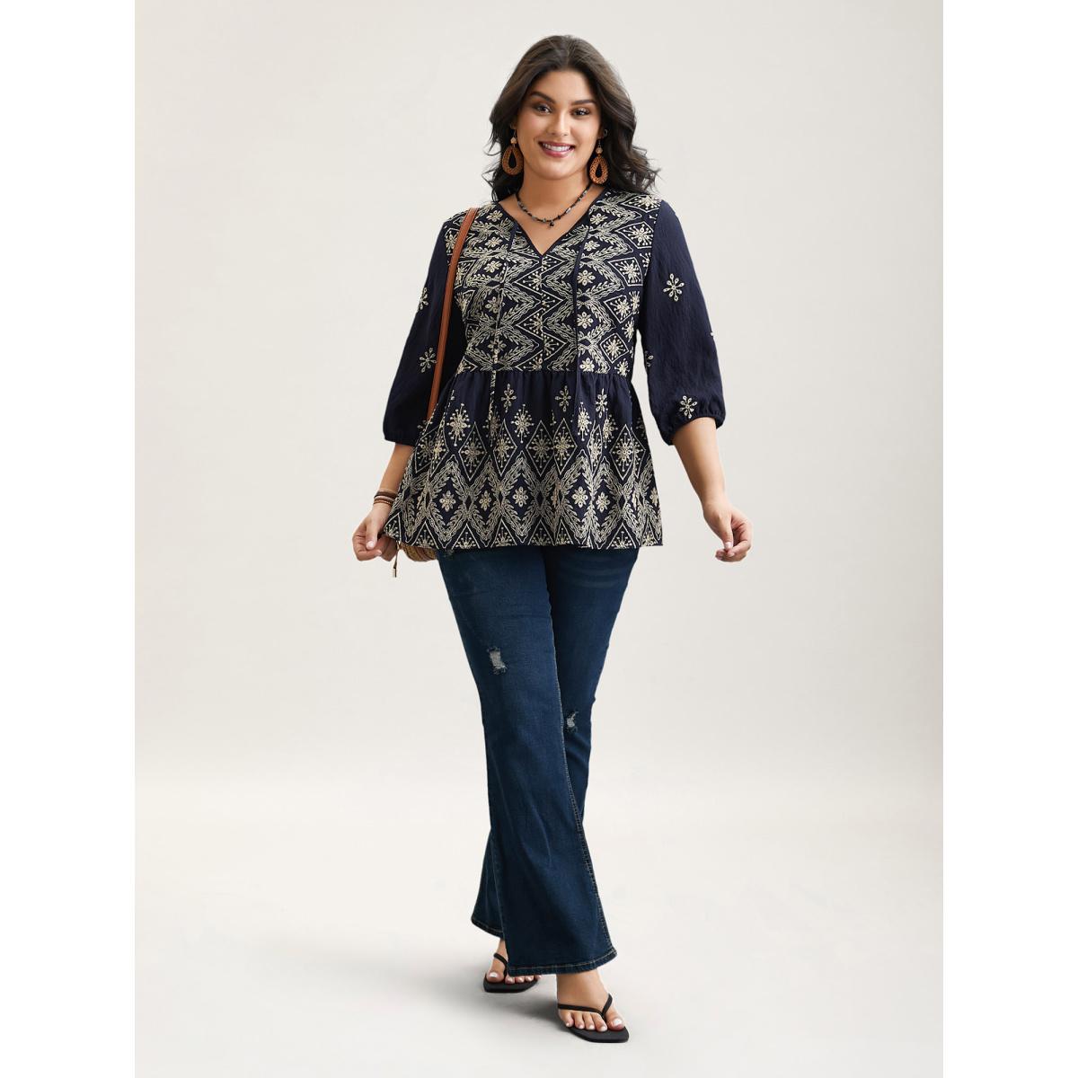Plus Size Indigo Boho Embroidered Pleated V-Neck Blouse Women Resort Elbow-length sleeve V-neck Vacation Blouses BloomChic 14-16/1X Product Image