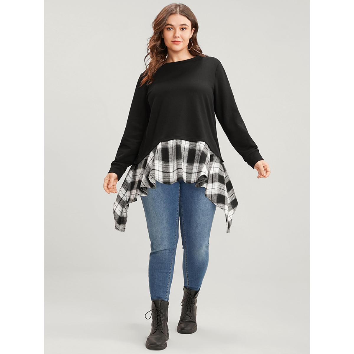 Plus Size Tartan Patchwork Round Neck Asymmetrical Hem Sweatshirt Women Black Elegant Patchwork Round Neck Dailywear Sweatshirts BloomChic 14-16/1X Product Image