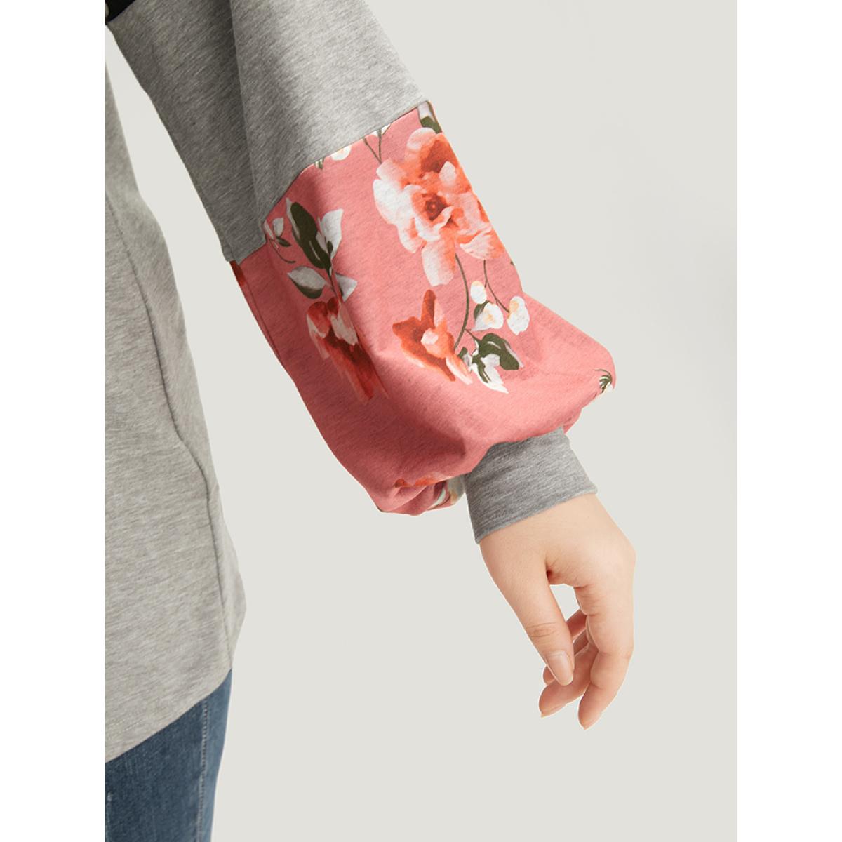 Plus Size Colorblock Contrast Floral Crew Neck Raglan Sleeve Sweatshirt Women Gray Casual Elastic cuffs Round Neck Dailywear Sweatshirts BloomChic 30/6X Product Image