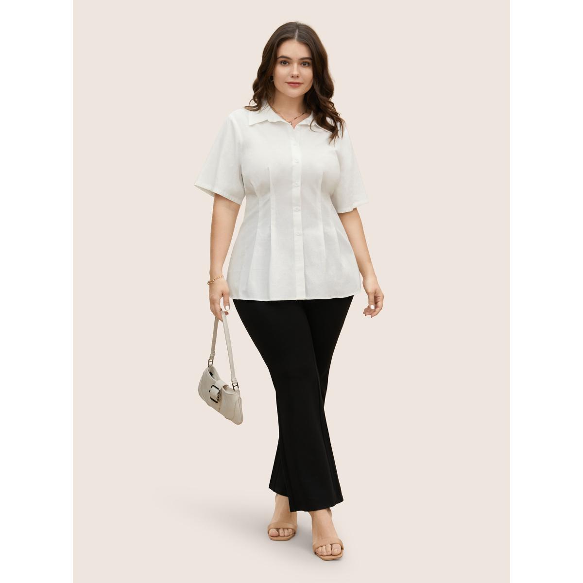 Plus Size Ivory Plain Shirt Collar Waist Design Blouse Women At the Office Short sleeve Shirt collar Work Blouses BloomChic 22-24/3X Product Image