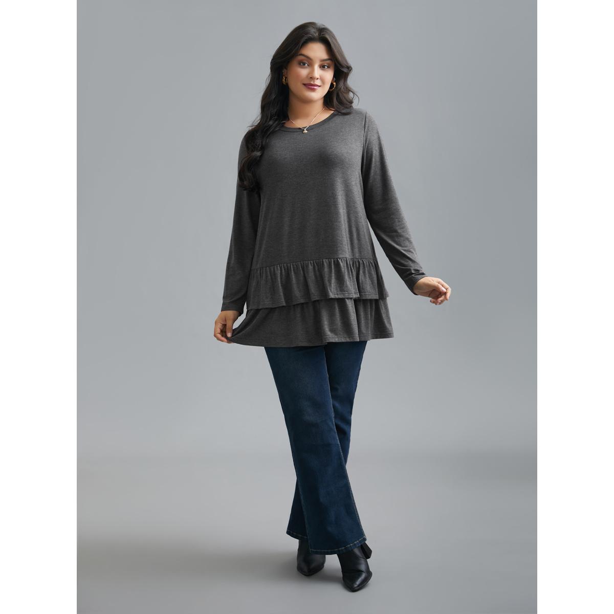 Plus Size Round Neck Tiered Ruffles Hem T-Shirt DimGray Women Elegant Gathered Round Neck Everyday T-shirts BloomChic 12/L Product Image