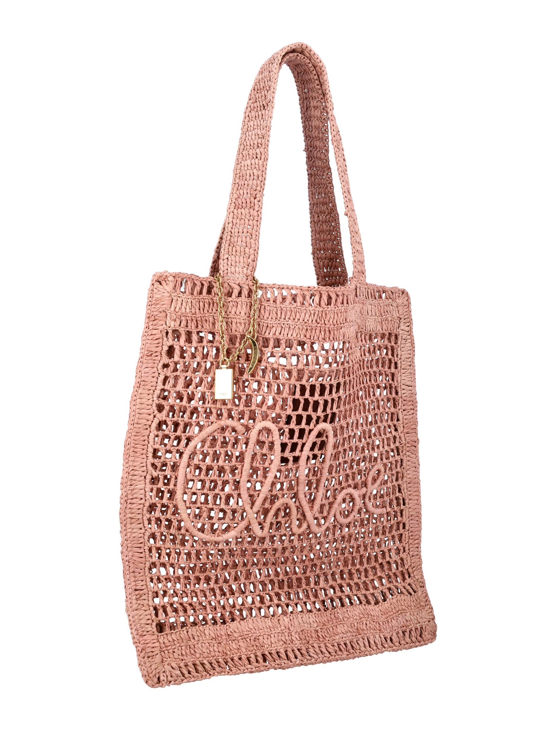 CHLOÉ Summer Banana Embellished Crocheted Embroidered Faux Raffia Tote In Beige Product Image