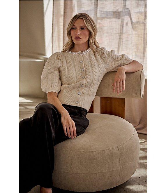 Sugarlips Jamari Pearl Trim Cable Knit Crew Neck Short Sleeve Button Front Cropped Cardigan Product Image