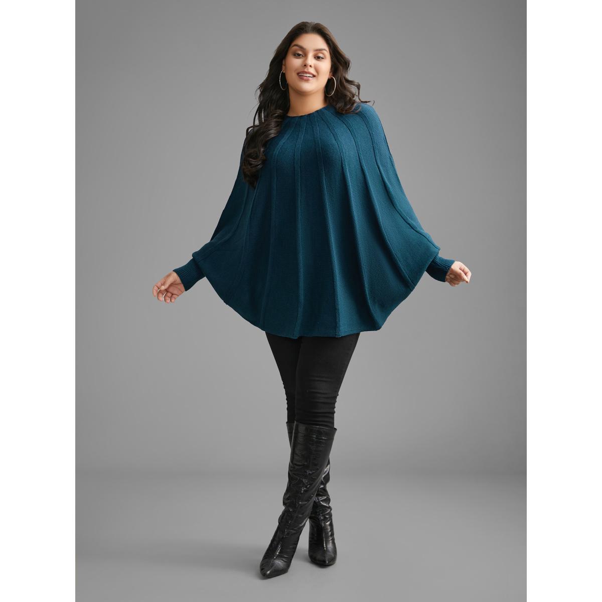 Plus Size Plain Textured Batwing Sleeve Pullover Cyan Women Casual Loose Long Sleeve Round Neck Everyday Pullovers BloomChic 18-20/2X Product Image
