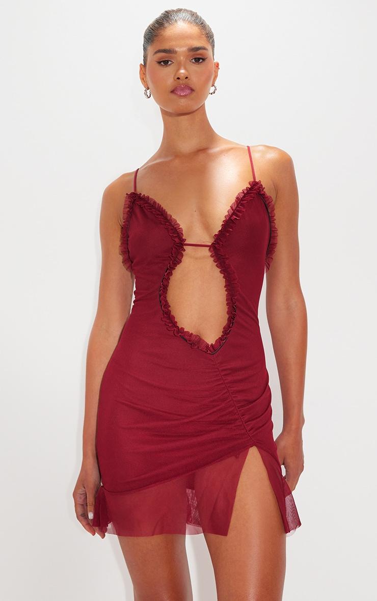 Burgundy Mesh Cut Out Frill Detail Ruched Bodycon Dress Product Image