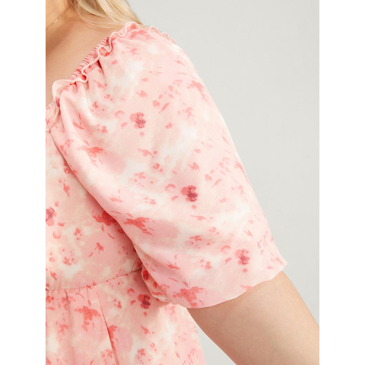 Plus Size Tie Dye Square Neck Puff Sleeve Pocket Ruffle Hem Dress Crepe Women Elegant Pocket Square Neck Short sleeve Curvy Knee Dress BloomChic 18-20/2X Product Image