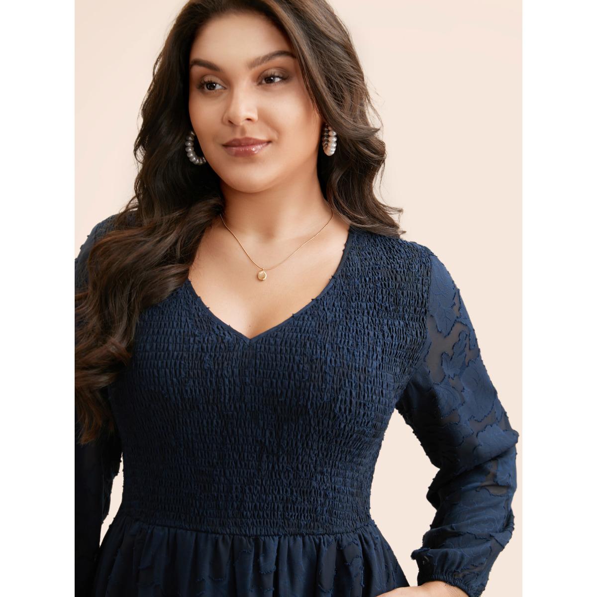 Plus Size Solid Textured Shirred Elastic Waist Dress DarkBlue Women Elegant Texture V-neck Long Sleeve Curvy BloomChic 18-20/2X Product Image