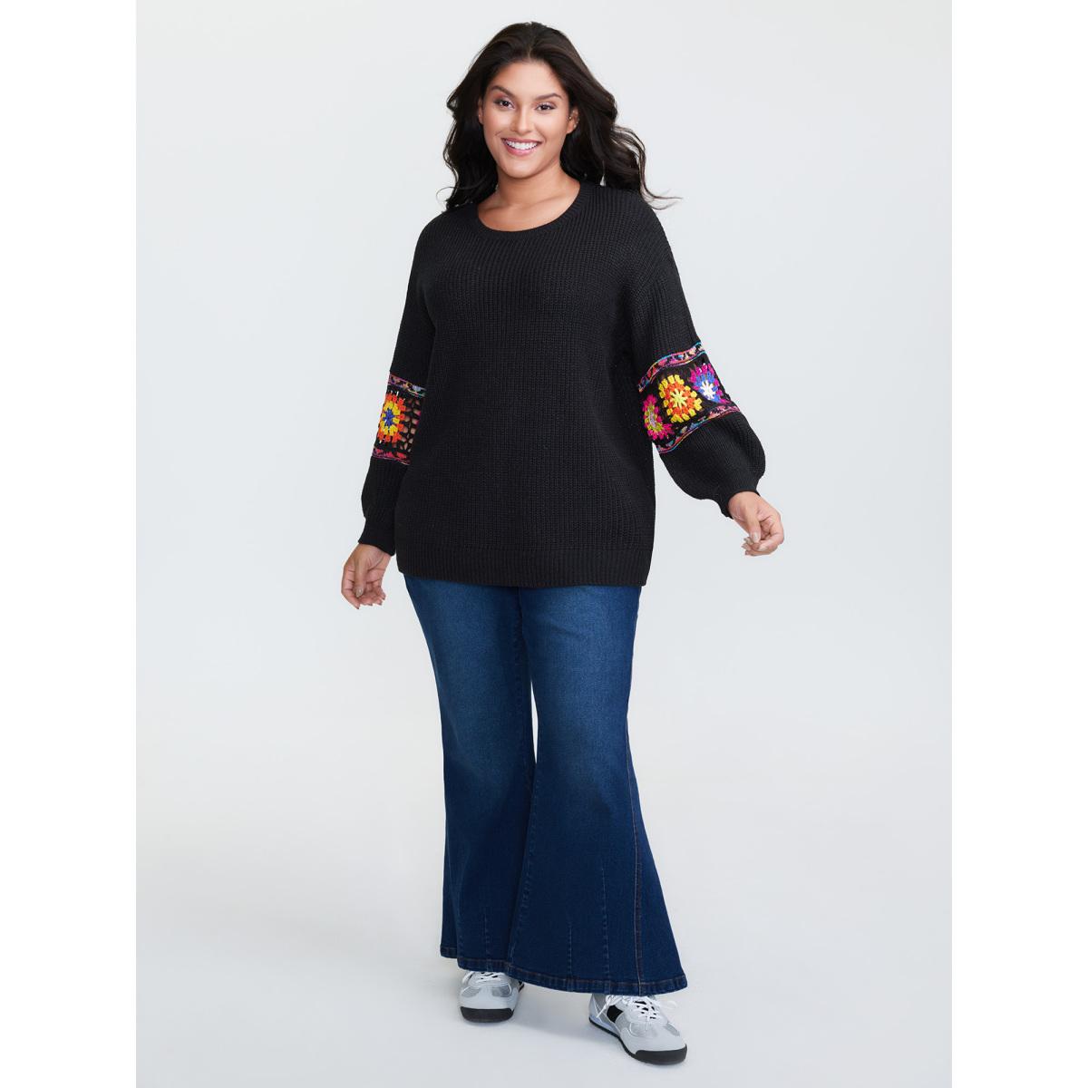 Plus Size Crochet Floral Sleeve Lace Trim Pullover Black Women Playful Loose Long Sleeve Round Neck Casual Pullovers BloomChic 12/L Product Image