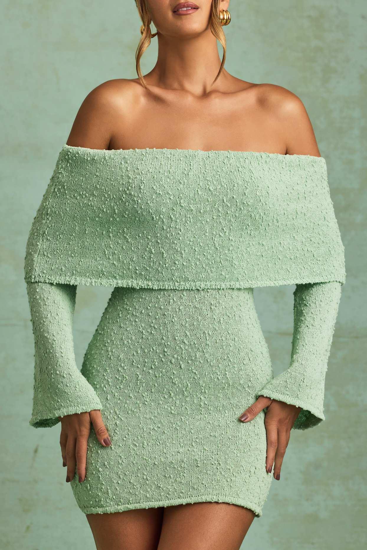 Bouclé Off-Shoulder Mini Dress in Mint Product Image