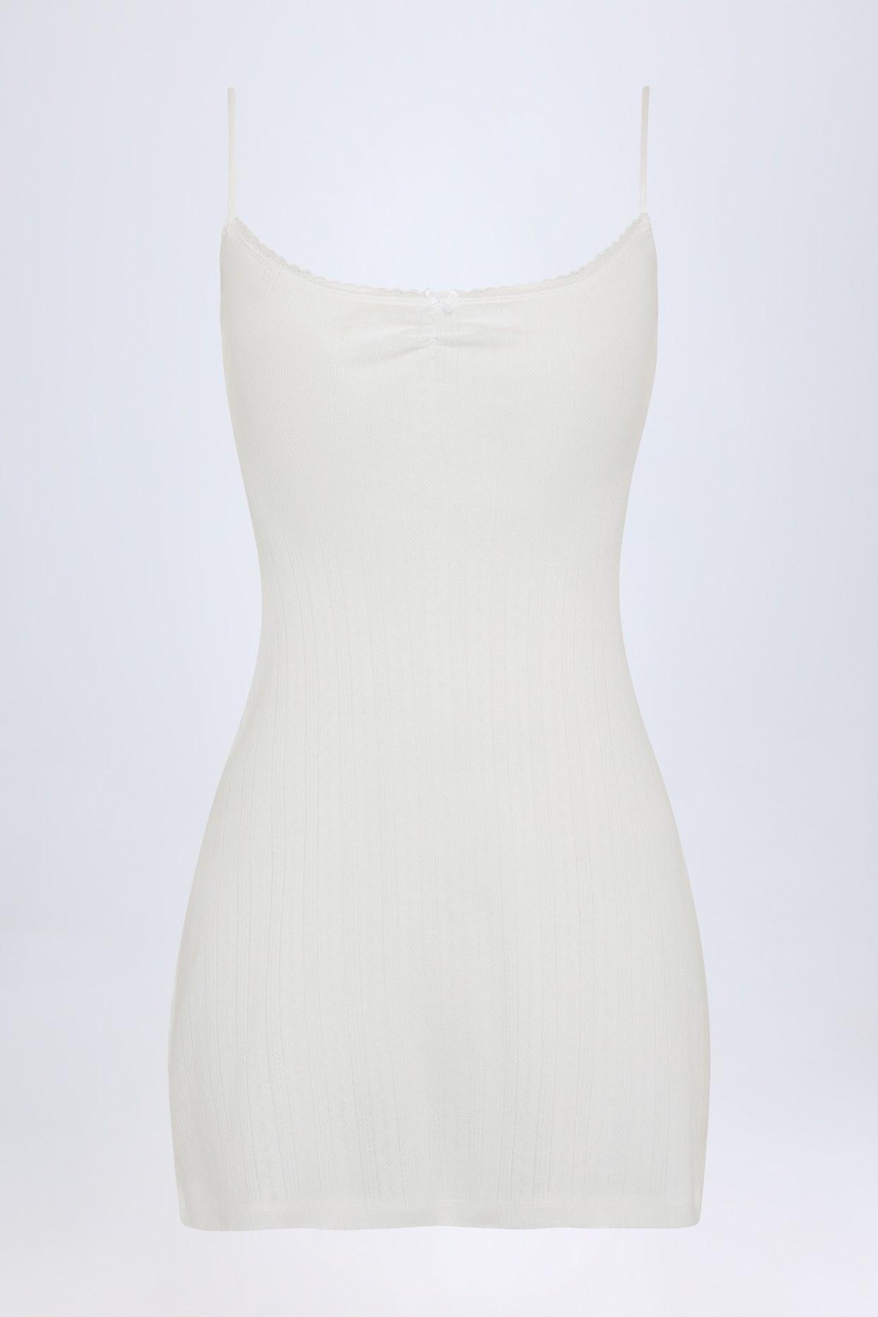Pointelle Ruched A-Line Mini Dress in White Product Image