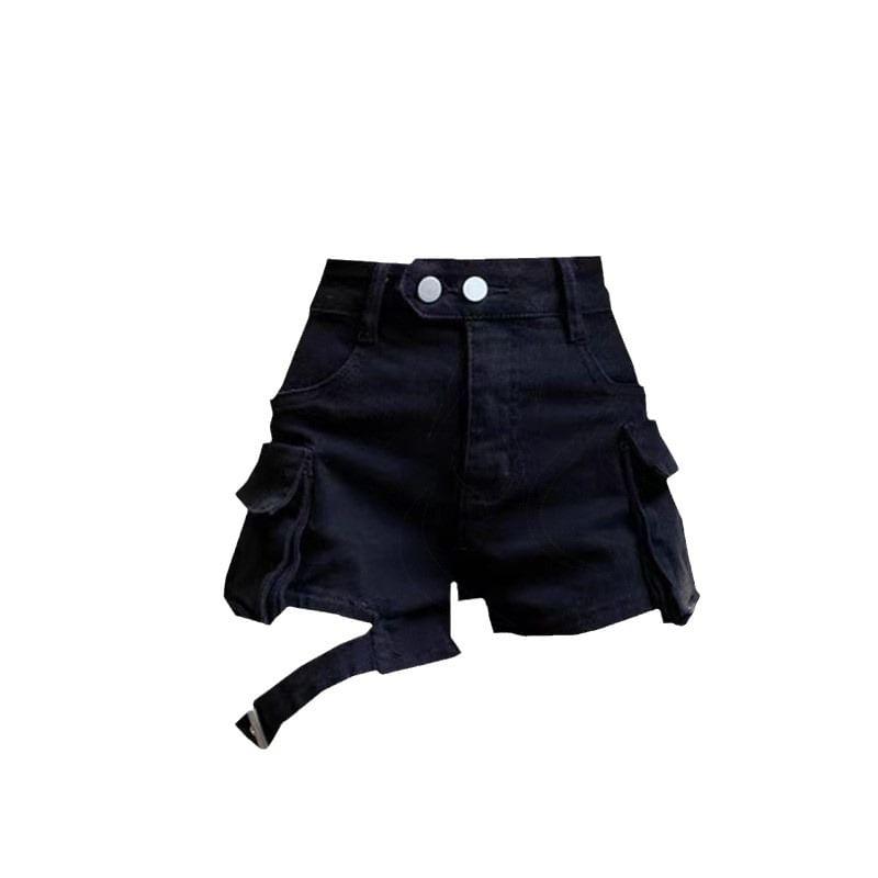 High Waist Plain Cutout Buckled Denim Wide Leg Cargo Shorts Product Image