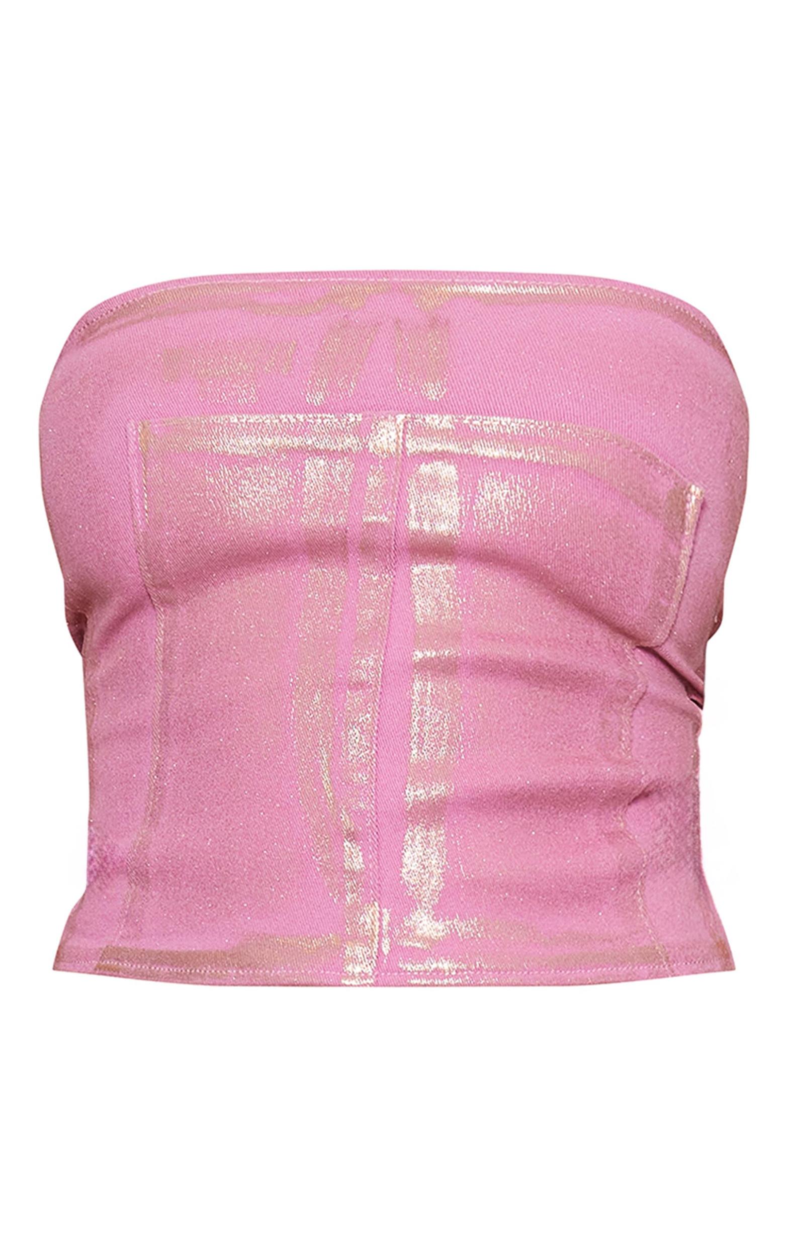 Petite Pink Metallic Denim Panel Long Top Product Image