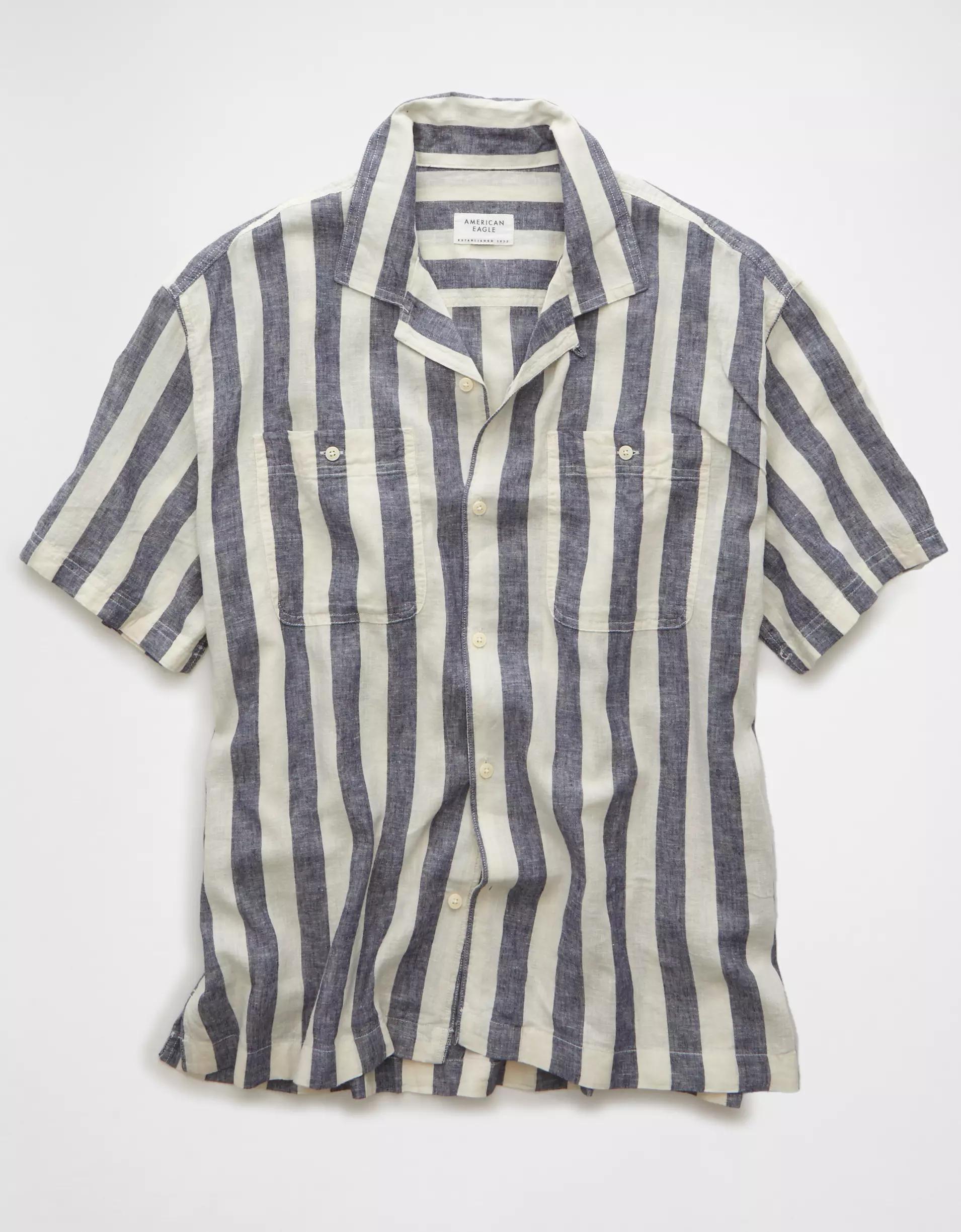 AE Poolside Linen-Blend Striped Button-Up Shirt Product Image