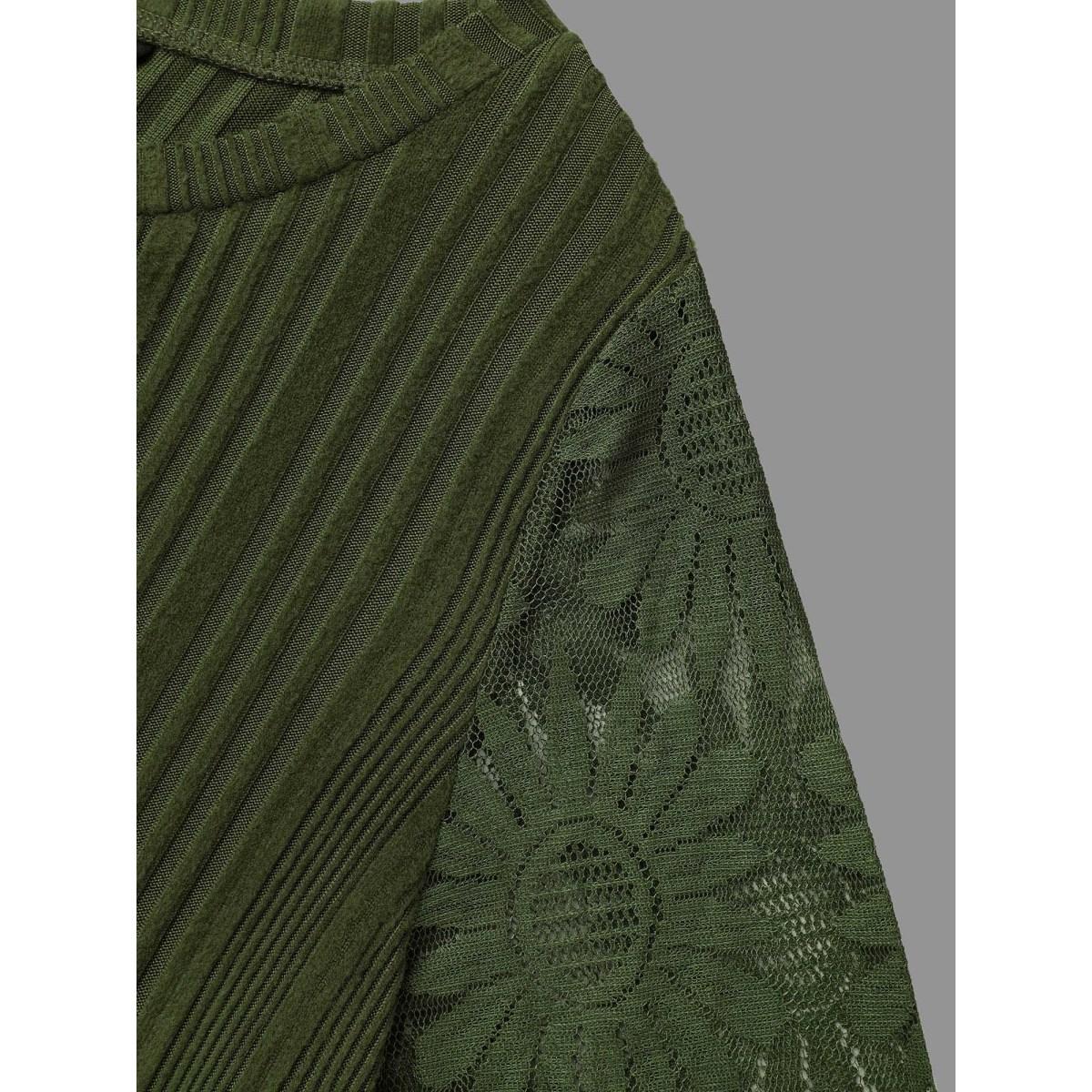 Plus Size Texture Lace Patchwork Mesh T-shirt DarkGreen Women Elegant Texture Round Neck Everyday T-shirts BloomChic 12/L Product Image