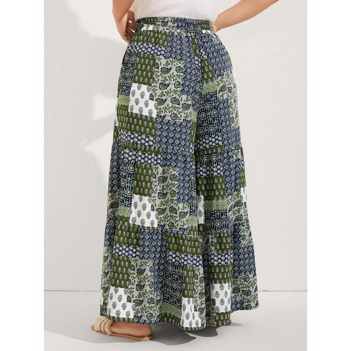 Plus Size Floral Collage Drawstring Wide-Leg Pants Women Moss Boho Loose Mid Rise Vacation Pants BloomChic 22-24/3X Product Image