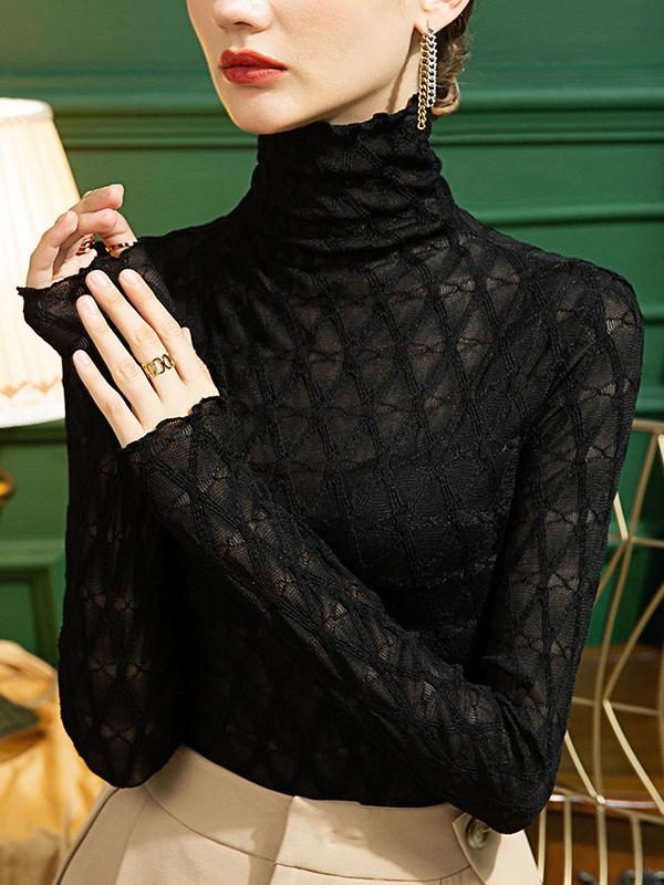 Stylish Lace Skinny Falbala Checkered High-Neck T-Shirts Tops Product Image