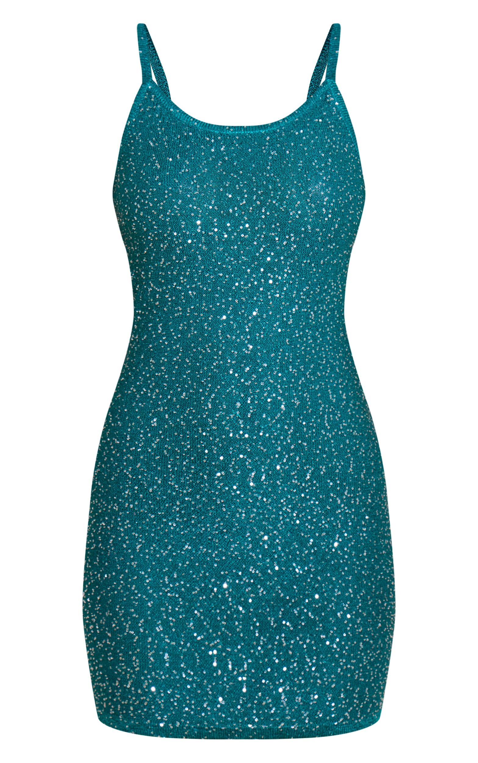 Petite Emerald Green Sequin Knitted Mini Dress Product Image