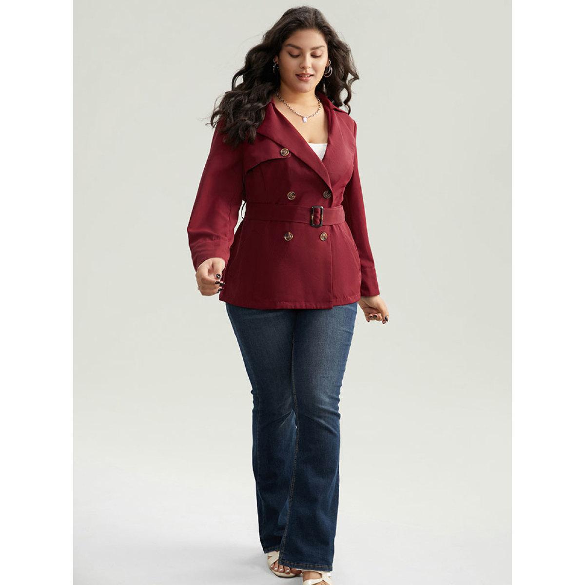 Plus Size Twill Lapel Collar Belted Button Up Buckle Detail Coat Women Burgundy Casual Plain Ladies Dailywear Winter Coats BloomChic 28/5X Product Image