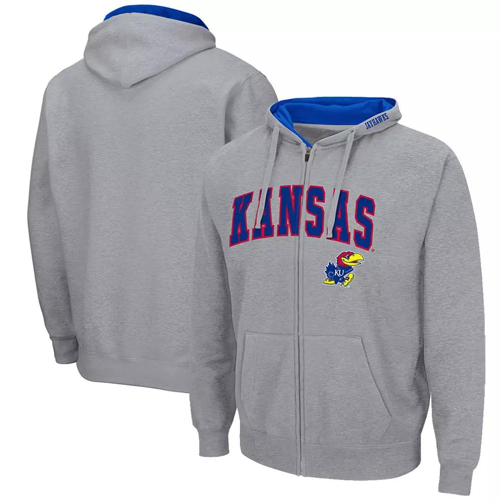Men's Colosseum Heathered Gray Kansas Jayhawks Arch & Logo 3.0 Full-Zip Hoodie,  Product Image