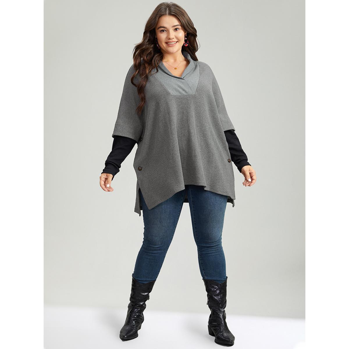 Plus Size Waffle Knit Batwing Sleeve Lapel Collar Sweatshirt Women Gray Casual Patchwork Lapel Collar Dailywear Sweatshirts BloomChic 28/5X Product Image