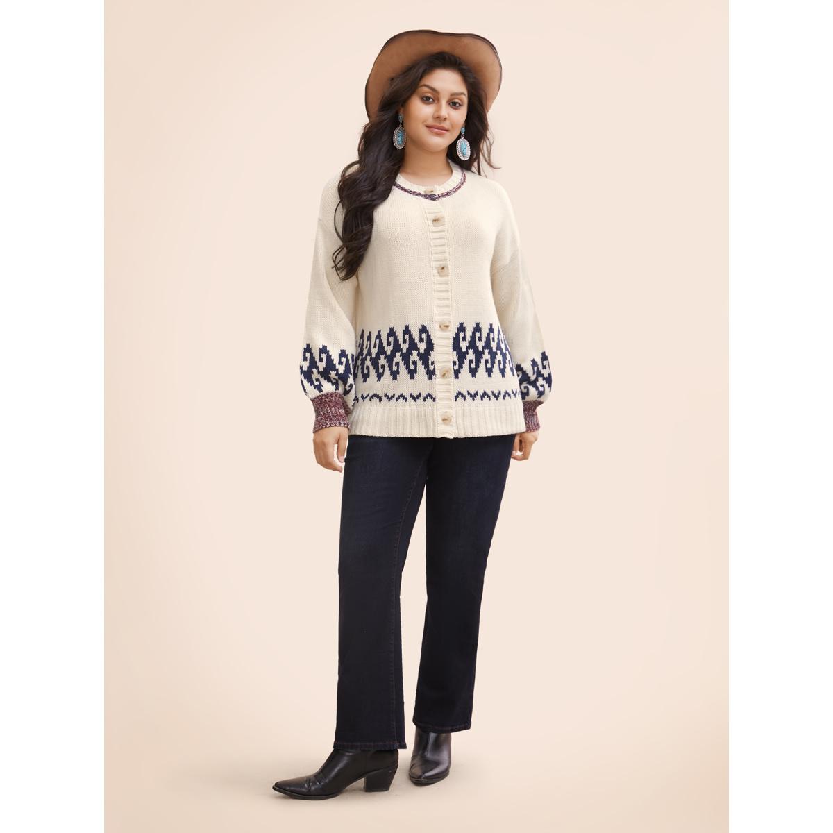 Plus Size Fair Isle Balloon Sleeve Crew Neck Cardigan Ivory Women Resort Loose Long Sleeve Vacation Cardigans BloomChic 14-16/1X Product Image