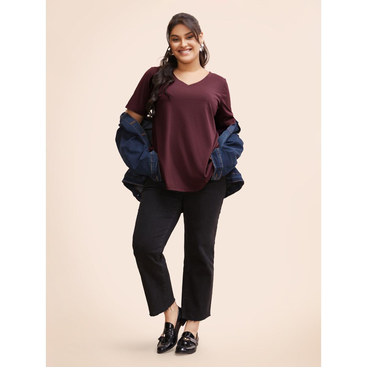 Plus Size Solid Twist Back V Neck Short Sleeve T-shirt Burgundy Women Casual Plain Plain V-neck Dailywear T-shirts BloomChic 18-20/2X Product Image