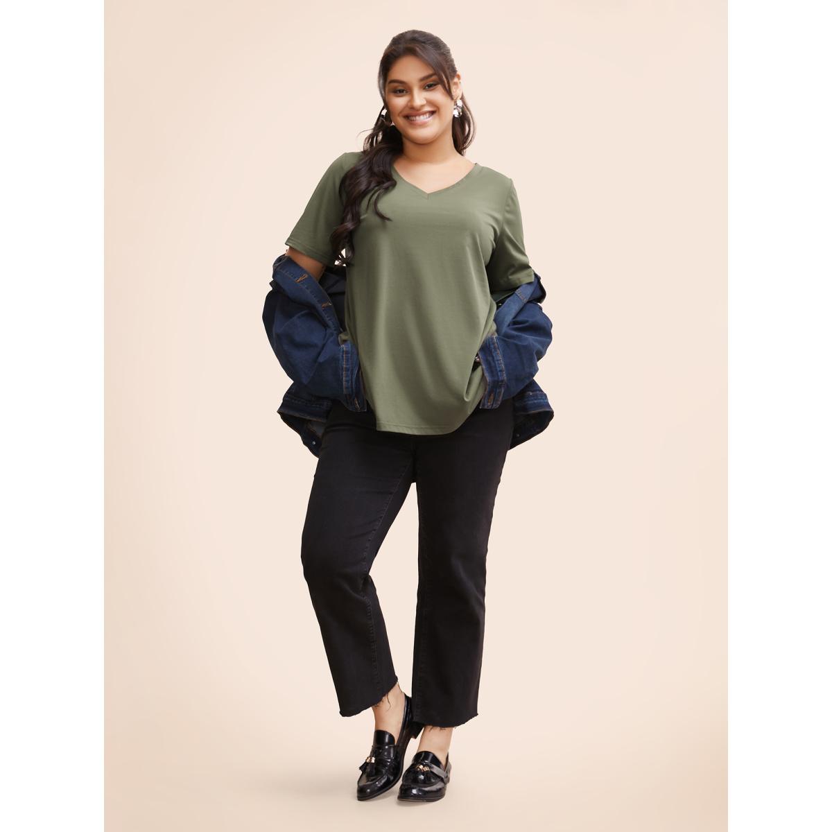 Plus Size Solid Twist Back V Neck Short Sleeve T-shirt Sage Women Casual Plain Plain V-neck Dailywear T-shirts BloomChic 12/L Product Image