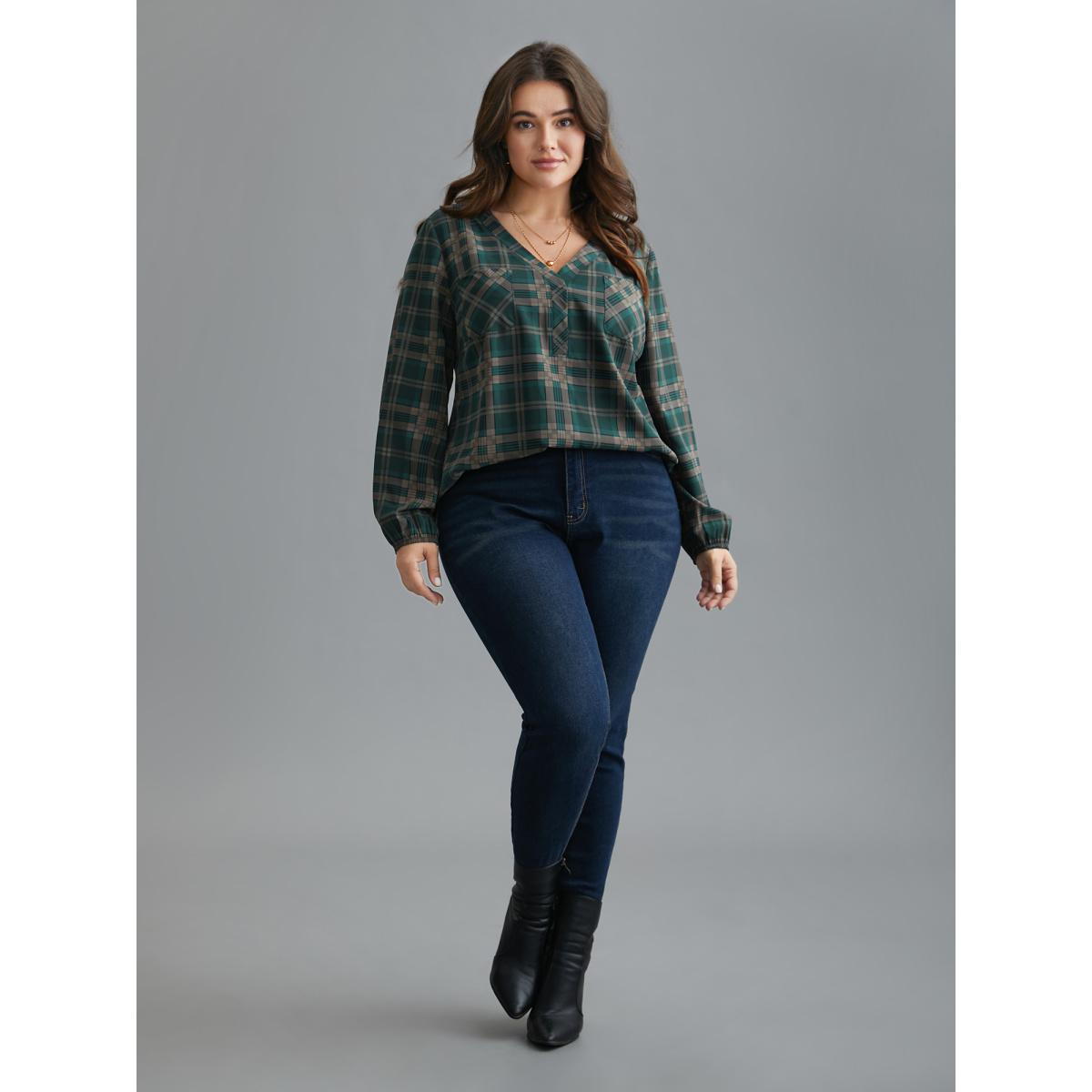 Plus Size DarkSlateGray Plaid Pattern Chest Pocket Blouse Women Elegant Extra Long Sleeve V-neck Everyday Blouses BloomChic 26/4X Product Image