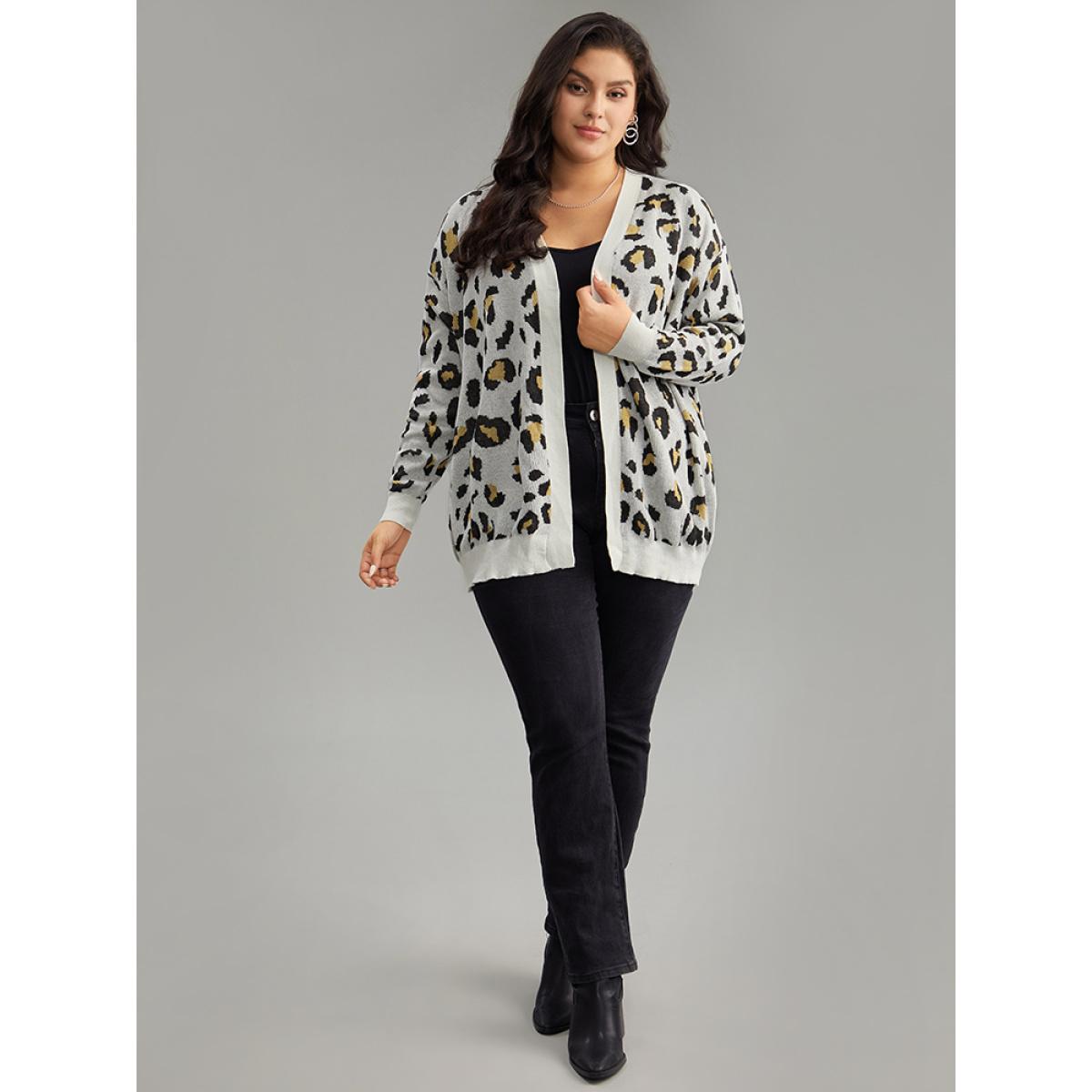 Plus Size Leopard Print Elastic Cuffs Cardigan Leopard Women Casual Loose Long Sleeve Dailywear Cardigans BloomChic 30/6X Product Image