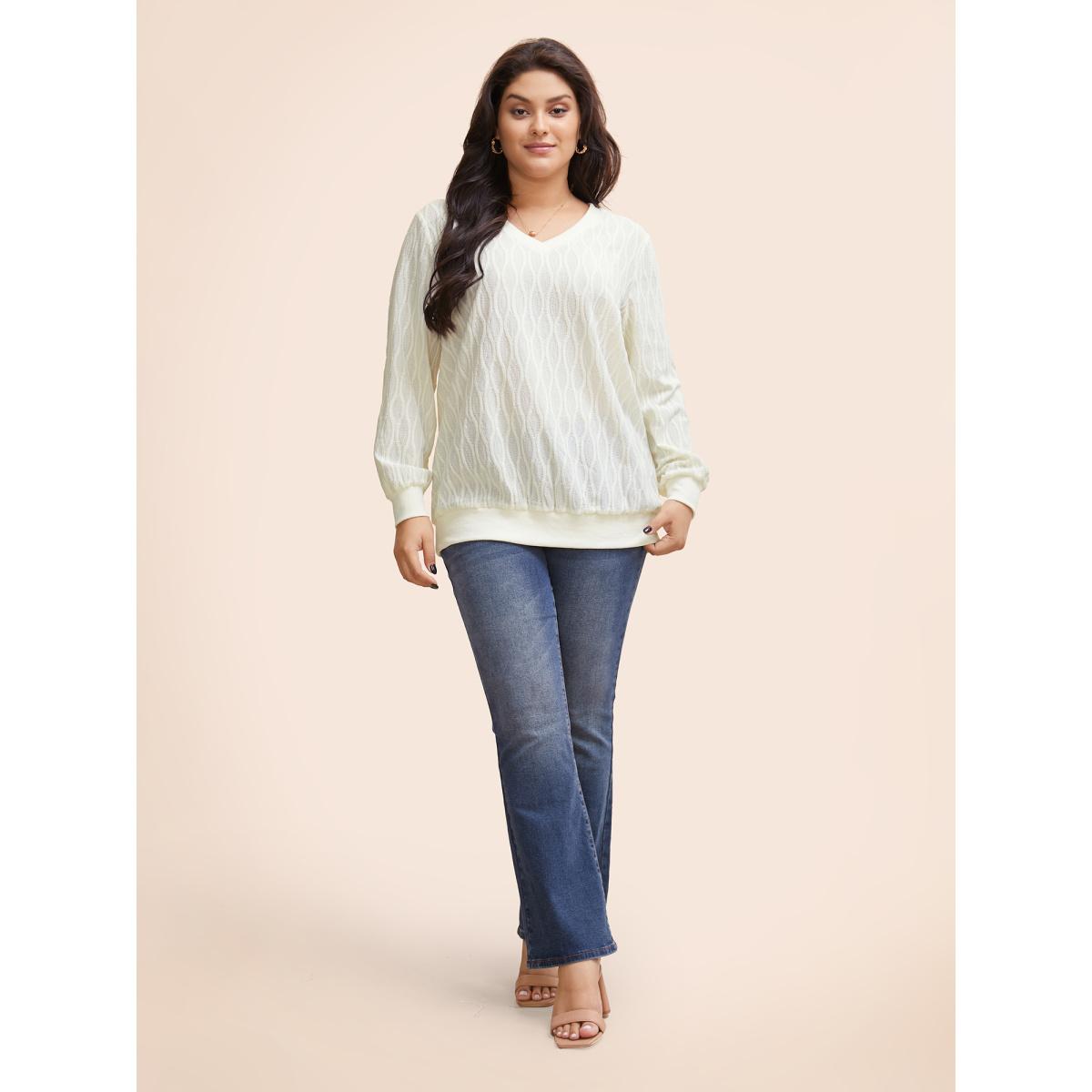 Plus Size Rib Knit Plain Elastic Cuffs Sweatshirt Women Ivory Timeless Non V-neck Elegant Sweatshirts BloomChic 30/6X Product Image