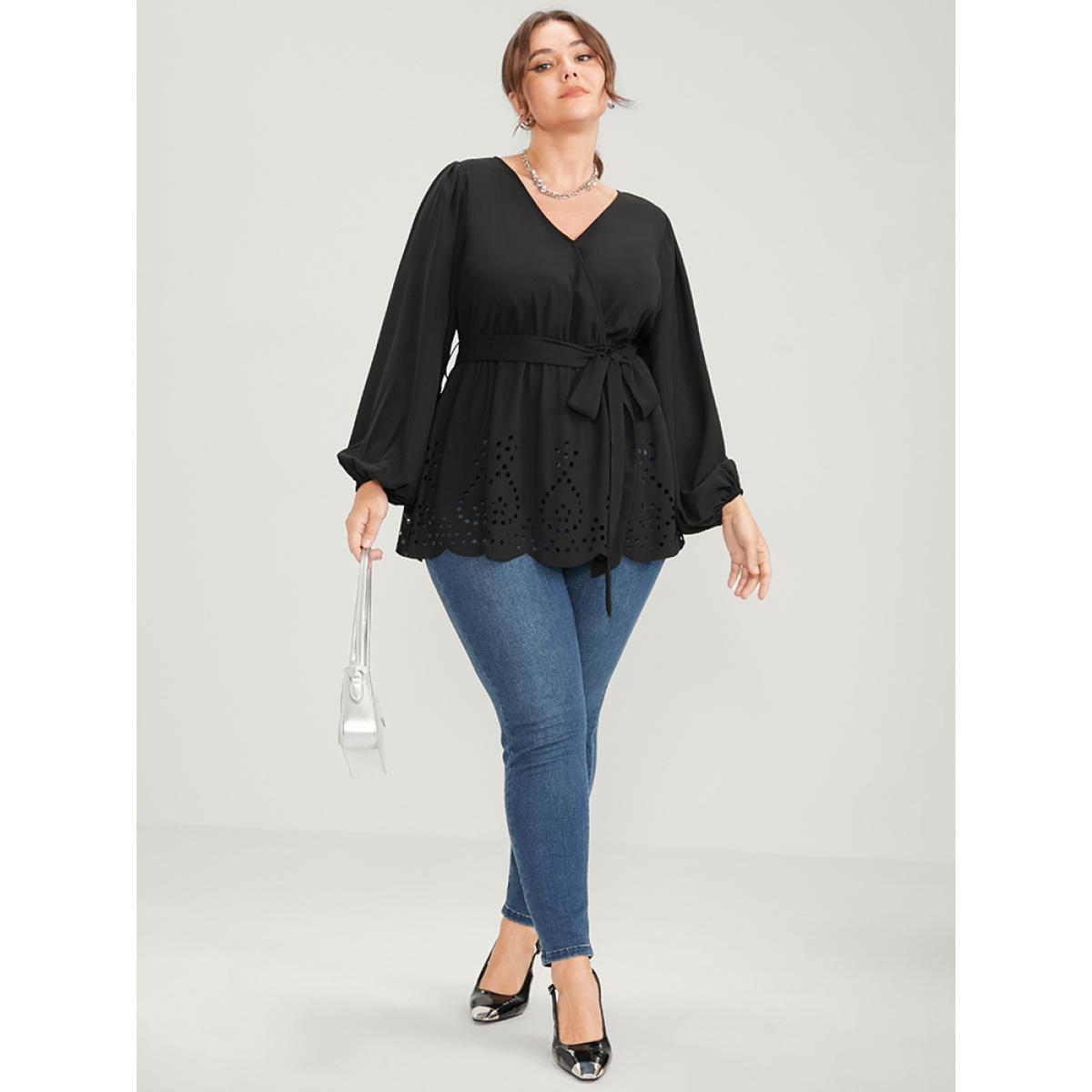 Plus Size Black Solid Wrap Lantern Sleeve Laser Cut Belted Blouse Women Office Long Sleeve V-neck Work Blouses BloomChic 26/4X Product Image