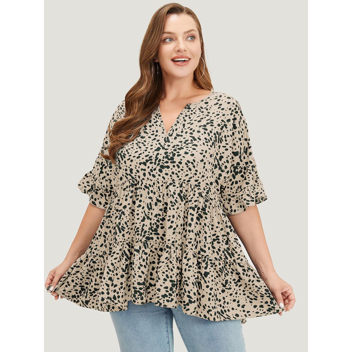 Plus Size Leopard Leopard Tiered Hem Notched Ruffle Sleeve Blouse Women Elegant Half Sleeve Notched collar Dailywear Blouses BloomChic 26/4X Product Image