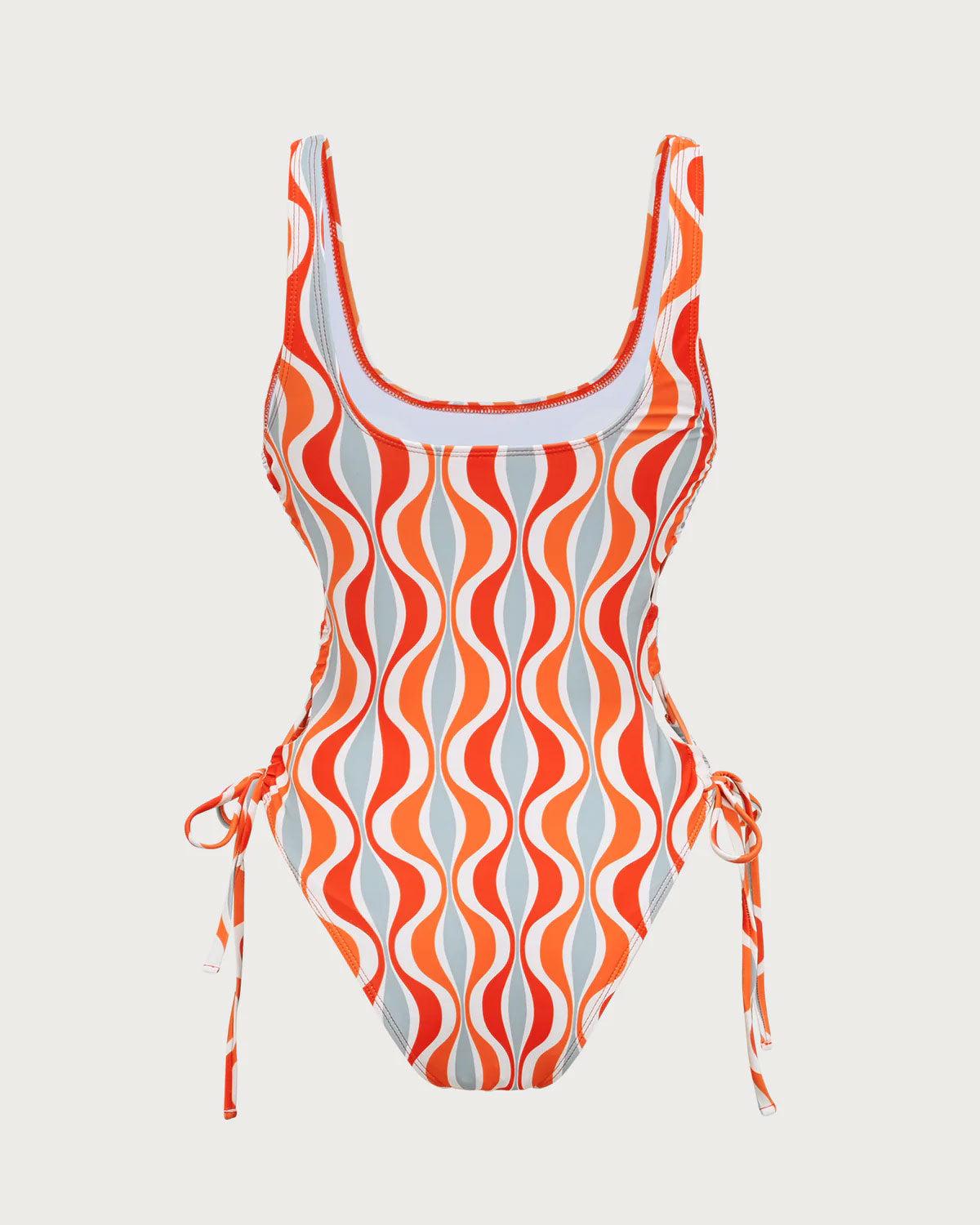 Orange Knitted Geometric Print Cutout One-Piece Swimsuit Product Image