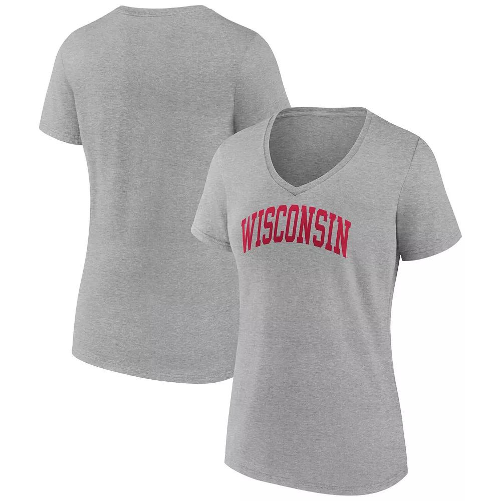 Women's Fanatics Branded Heather Gray Wisconsin Badgers Basic Arch V-Neck T-Shirt, Size: Medium, Grey Product Image