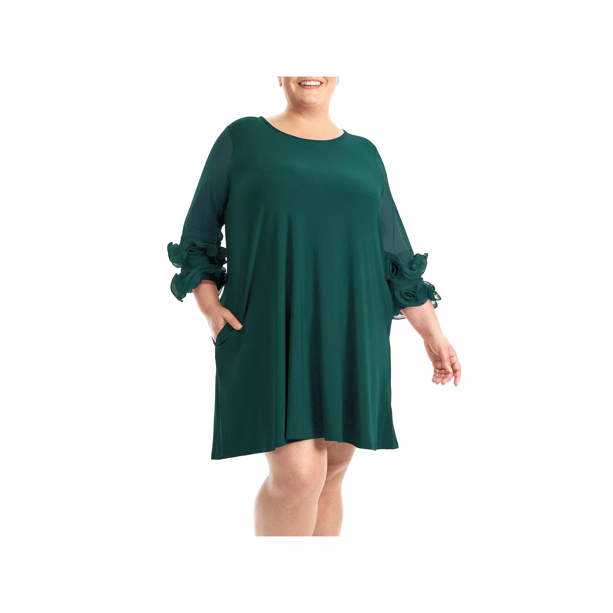 Plus Size Nina Leonard Mesh Ruffle Dress, Women's, Size: 1XL, Rich Green Product Image