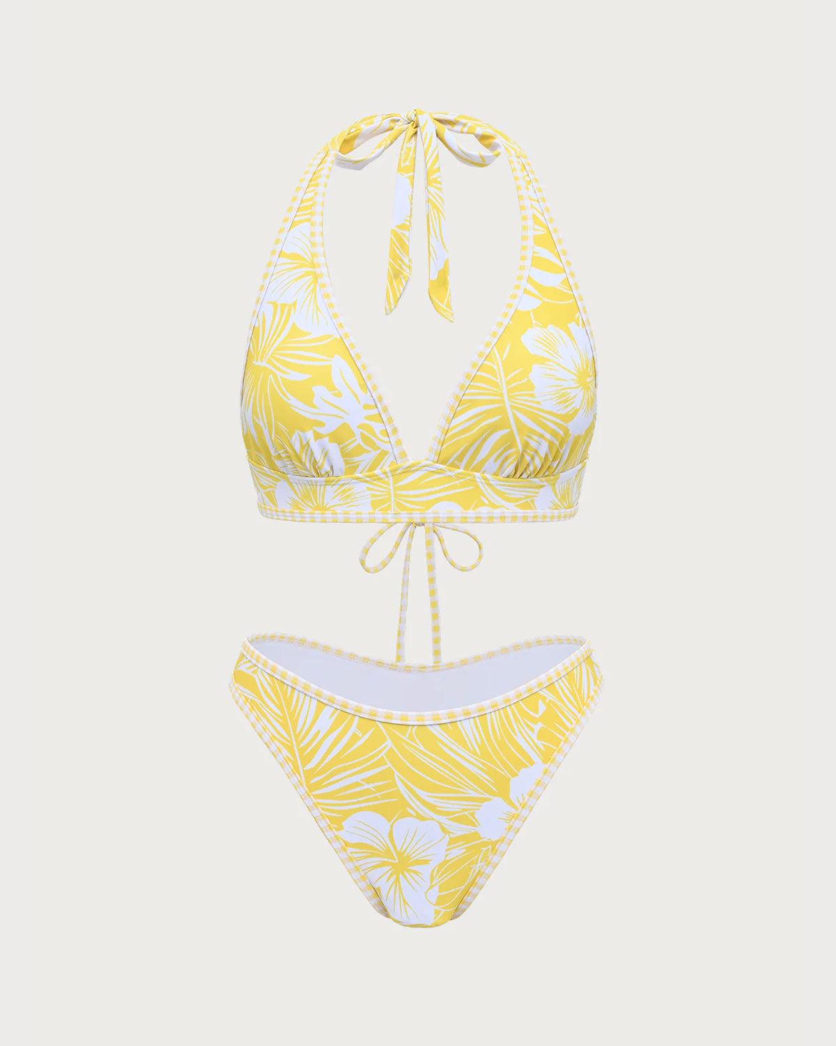 Yellow Knit Tropical Print Bikini Set Product Image